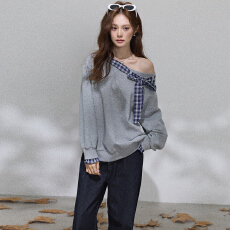 批发实拍灰色绑带蝴蝶结格纹假两件斜肩长袖<b class='q'>卫衣</b>女春季慵懒感露肩上衣