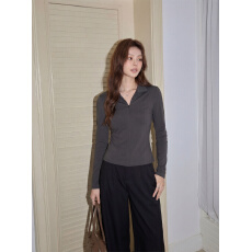 批发<b class='q'>实拍</b>韩系拉链polo领深灰色长袖t恤女春新款百搭修身显瘦气质上衣