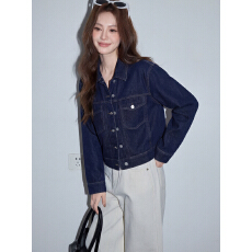 批发实拍复古深蓝色牛仔外套女春设计感短款翻领宽松显瘦<b class='q'>百搭</b>夹克上衣