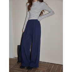 批发实拍藏青色高腰<b class='q'>休闲裤</b><b class='q'>女</b>夏季新款高级感抽绳垂感显瘦慵懒阔腿<b class='q'>长裤</b>