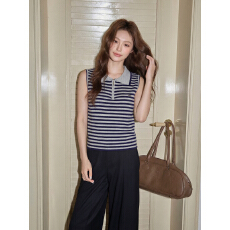 批发实拍韩系灰色条纹polo领<b class='q'>背心女</b>夏新款设计感修身无袖针织短款上衣