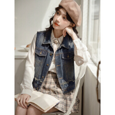 批发实拍港风复古毛边短款牛仔马甲女夏季设计感坎肩马夹外套无袖上衣