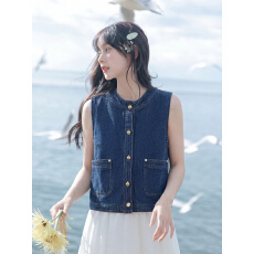 批发实拍复古深蓝色<b class='q'>牛仔</b><b class='q'>马甲</b>女夏季新款小个子设计感无袖坎肩<b class='q'>背心</b>上衣