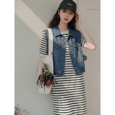 批发实拍韩系设计感翻领叠穿无袖<b class='q'>牛仔</b>马甲女夏季复古宽松马夹外套上衣