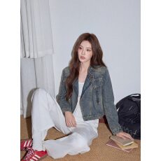 批发实拍复古蓝做旧短款<b class='q'>牛仔</b>外套女春季新款设计感休闲宽松夹克上衣潮