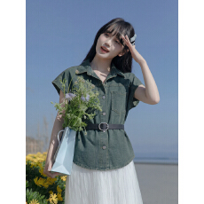 批发实拍复古蓝色<b class='q'>牛仔</b>短外套女夏季收腰系带翻领显瘦气质减龄<b class='q'>上衣</b>外套