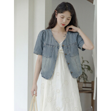 批发实拍韩系复古短袖<b class='q'>牛仔</b>衬衫外套女夏季薄款衬衣V领短款小个子<b class='q'>上衣</b>