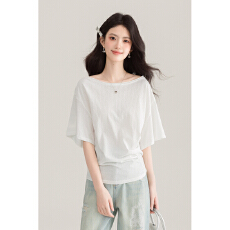 批发实拍韩系白色慵懒风<b class='q'>一字肩</b>短袖T恤女夏新款宽松显瘦露肩收腰上衣