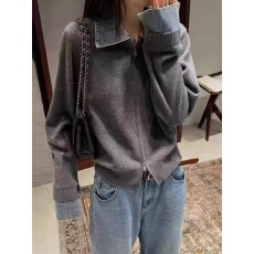 批发<b class='q'>牛仔</b>拼接假两件翻领针织开衫女秋冬复古高级感双拉链毛衣外套上衣