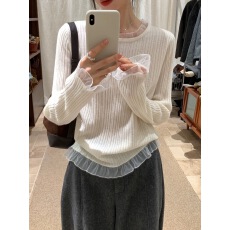 批发韩系甜美白色蕾丝针织衫<b class='q'>女</b>秋冬穿搭温柔风宽松毛衣打底衫内搭上衣