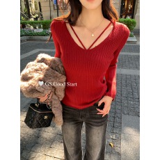 批发韩系纯欲辣妹V领红色针织衫<b class='q'>女</b>秋冬修身显瘦小心机<b class='q'>打底衫</b>内搭上衣