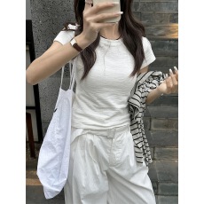 竹节棉正肩短袖T恤女夏季2026新款百搭体恤修身显瘦休闲短款上衣