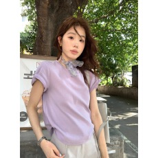 批发韩系紫色正肩短袖T恤女夏季穿搭宽松显瘦圆领<b class='q'>体恤衫</b>上衣