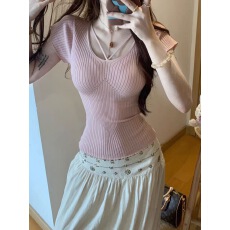 批发夏日ootd穿搭粉色针织短袖T恤女夏季薄款体恤独特漂亮修身小上衣