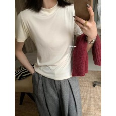 批发简约基础半高领白色短袖T恤女夏宽松休闲纯棉百搭<b class='q'>打底</b>正肩白T<b class='q'>上衣</b>