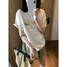 批发蝴蝶结印花肤感棉质T恤2026春季圆领短袖休闲风女士上衣