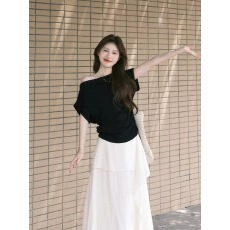 批发韩系高级感<b class='q'>一字肩</b>针织短袖T恤女夏季设计感收腰褶皱短款露肩上衣