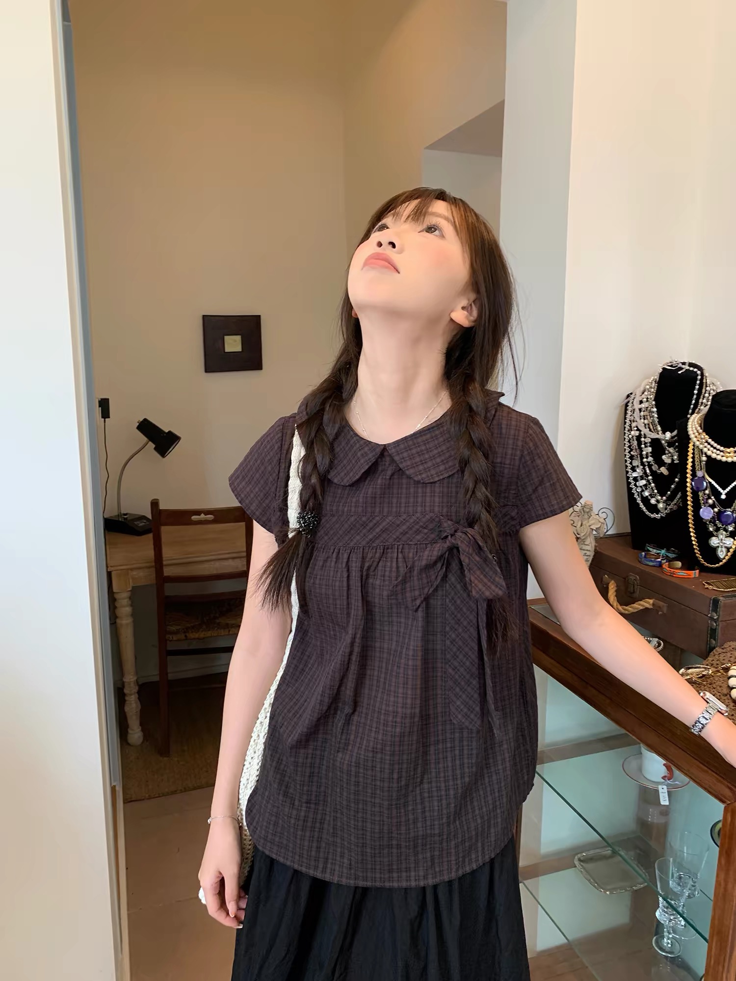 한 부서 달콤함 나비 매듭 베이비 칼라 반팔 여성 셔츠 2026 새로운 루즈핏 슬림해 보이는 다용도 맨위