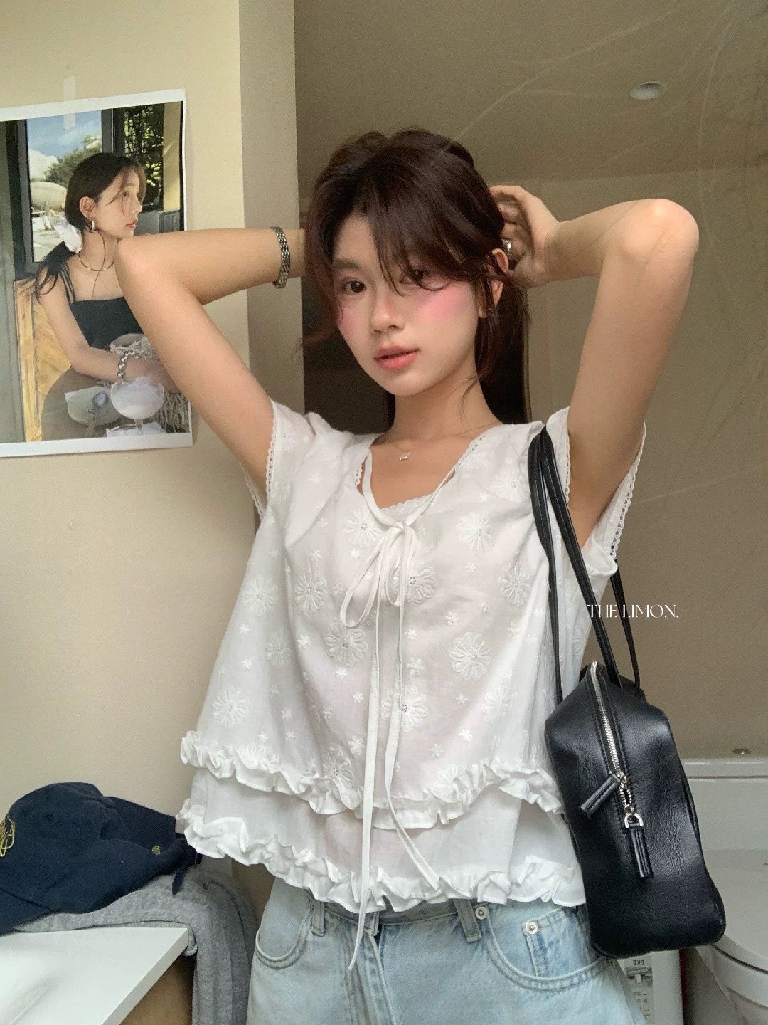 2026 여름 부드러운 바람 자수 홀로우 아웃 프릴 레이스업 반팔 여성 셔츠