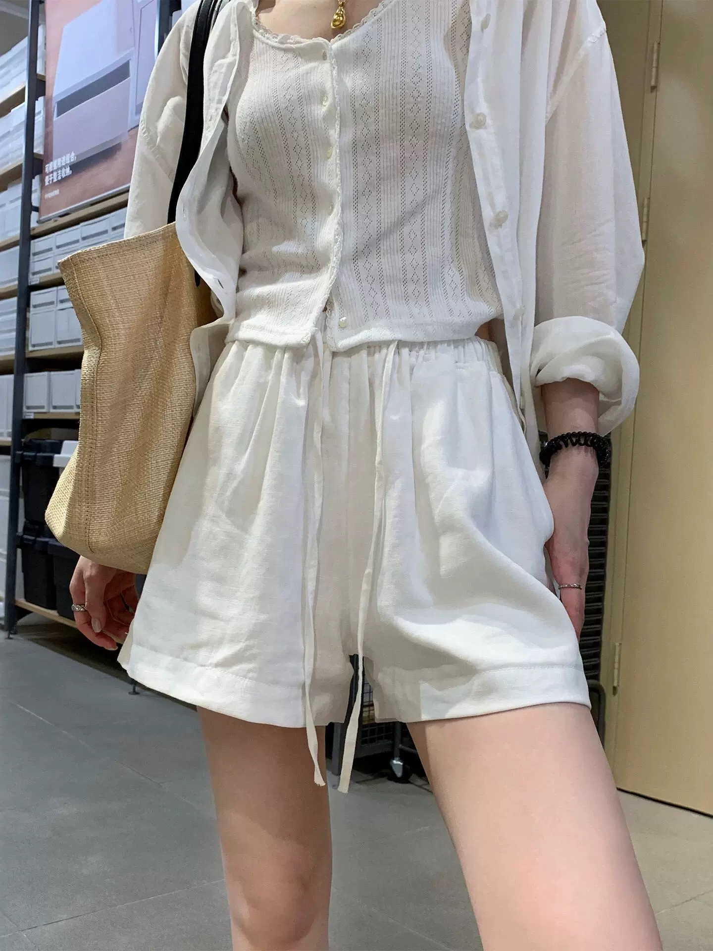 화이트 면 린넨 넓은 다리 운동 반바지 여성 2026 년 여름 루즈핏 캐주얼 하이웨이스트 펌프 로프 오부 바지