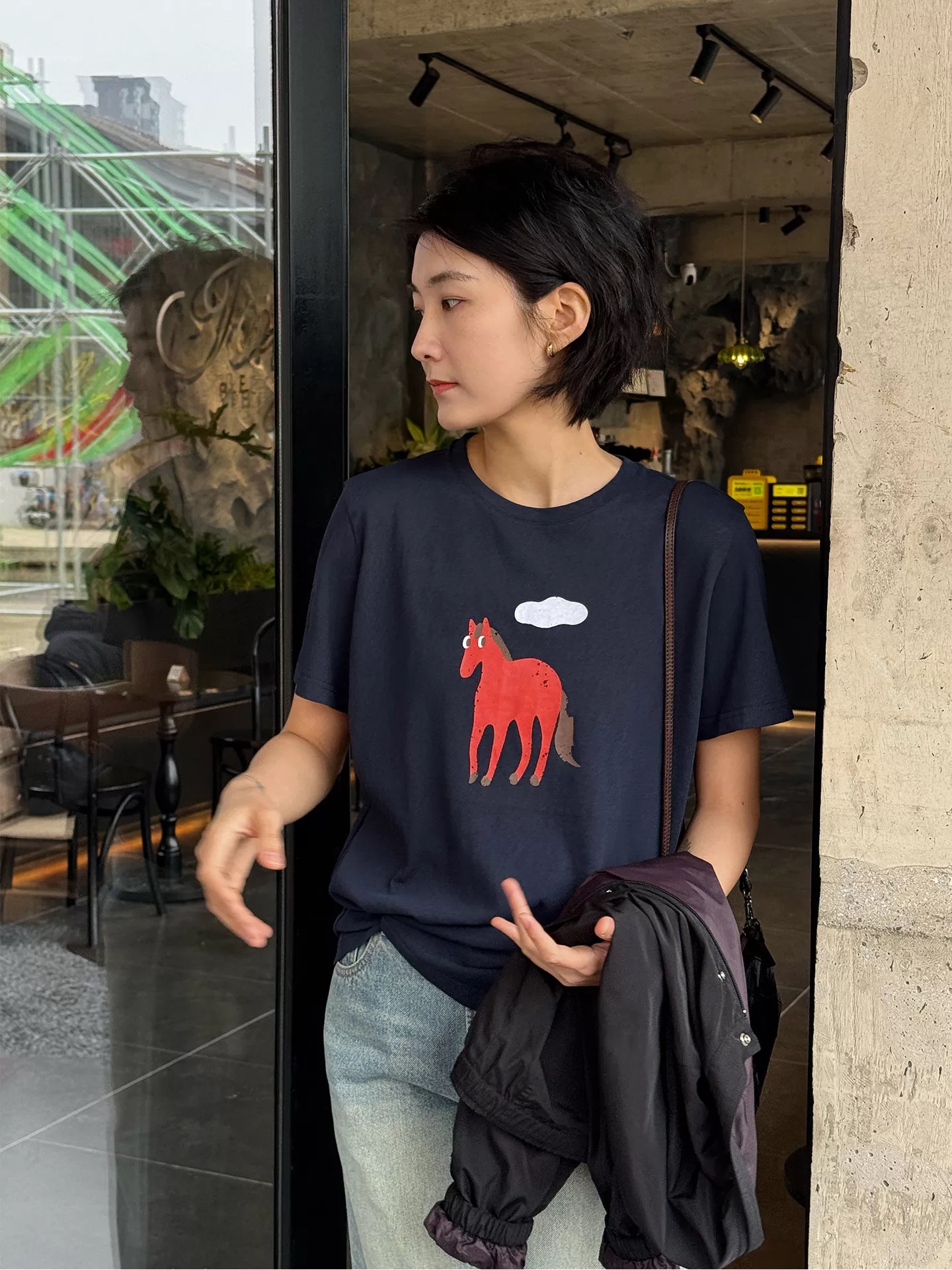 레트로 해군 프린트 라운드 넥 반팔 티셔츠 여성 여름 얇은 루즈핏 캐주얼 Chic 반소매 만나는 긍정적 인 어깨 의류
