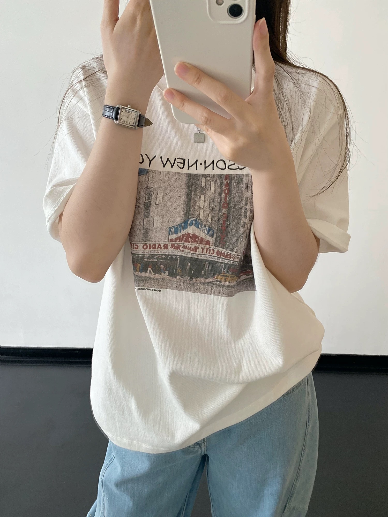 레트로 한국 스타일 순면 반팔 티셔츠 봄 여름 캐주얼 루즈핏 느긋한 라운드 넥 풀오버 프린트 맨위