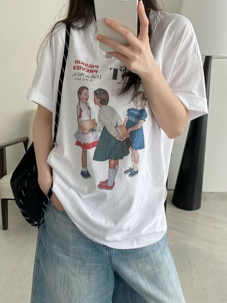도파민 배색 레트로 초상화 반팔 티셔츠 여성 여름 캐주얼 루즈핏 느긋한 슬림해 보이는 맨위