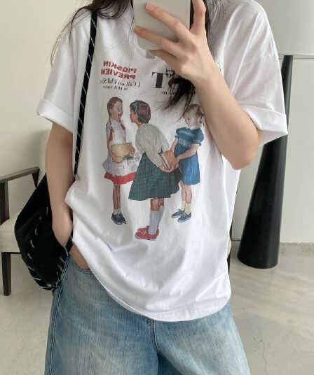 도파민 배색 레트로 초상화 반팔 티셔츠 여성 여름 캐주얼 루즈핏 느긋한 슬림해 보이는 맨위