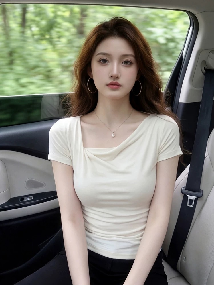 한 부서 화이트 흔들다 칼라 긍정적 인 어깨 반팔 티셔츠 여성 여름 새로운 디자인 센스 고유 한 몸매 가꾸기 꼬집기 허리 위로 의류