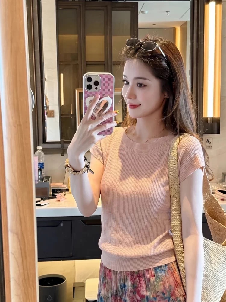 한 부서 부드러운 핑크색 긍정적 인 어깨 반팔 티셔츠 여성 여름 작은 셔츠 몸매 가꾸기 슬림해 보이는 품격 다용도 니트 스웨터 맨위