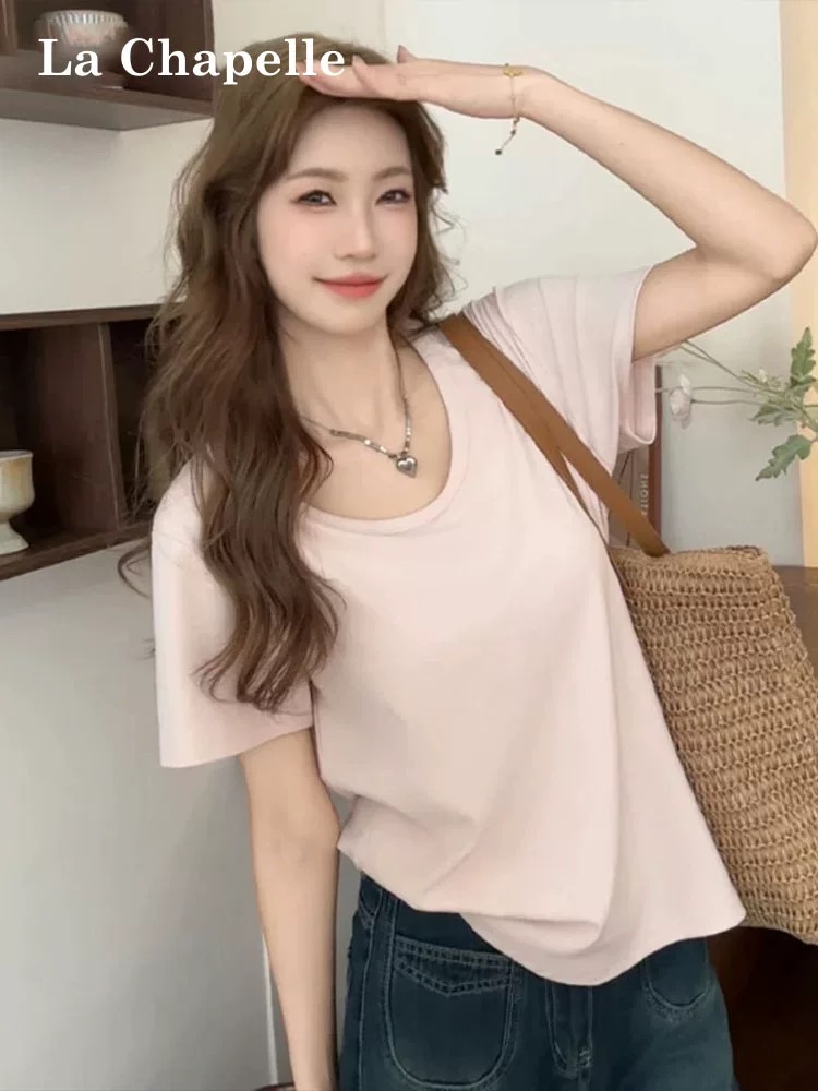 핑크색 루즈핏 u 칼라 반팔 티셔츠 여성 여름 도파민 캐주얼 느긋한 바람 다용도 단색 맨위