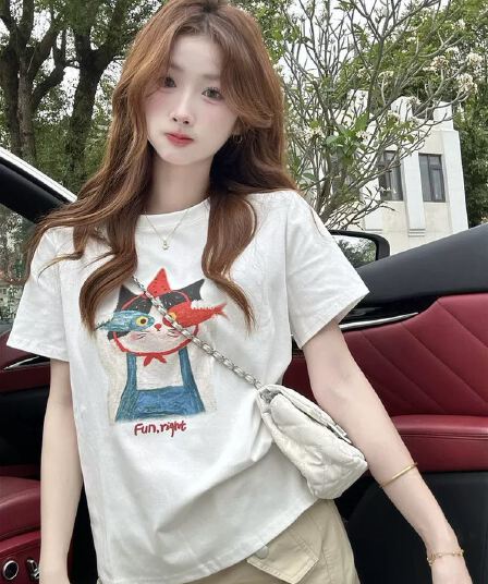 화이트 프린트 라운드 넥 반팔 티셔츠 여성 여름 루즈핏 캐주얼 순면 연령 감소 긍정적 인 어깨 의류 얇은