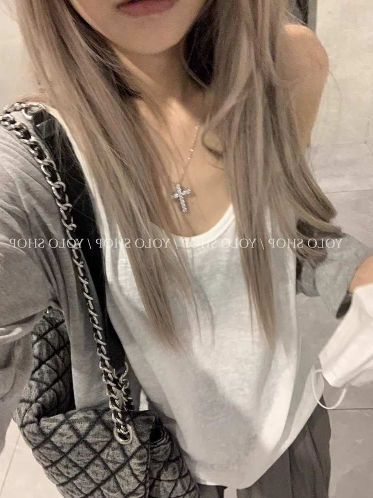 기본 셔츠 화이트 루즈핏 대 네클라인 민소매 조끼 여성 여름 얇은 스타일 루즈핏 티셔츠 맨위