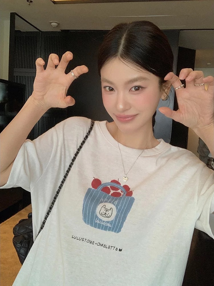 눈꽃 면 화이트 프린트 라운드 넥 반팔 티셔츠 여성 여름 얇은 스타일 한 부서 루즈핏 느슨함 다용도 긍정적 인 어깨 의류 tee