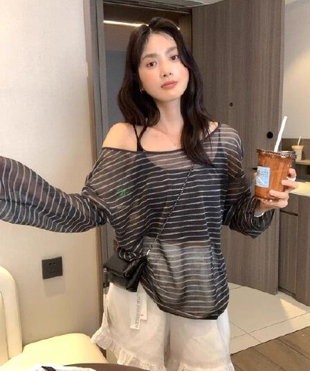 긴팔 티셔츠 맨위 여성 봄 여름 얇은 스타일 느긋한 느슨함 센스 루즈핏 슬림해 보이는 마이크로 ~을 통해 자외선 차단 블라우스