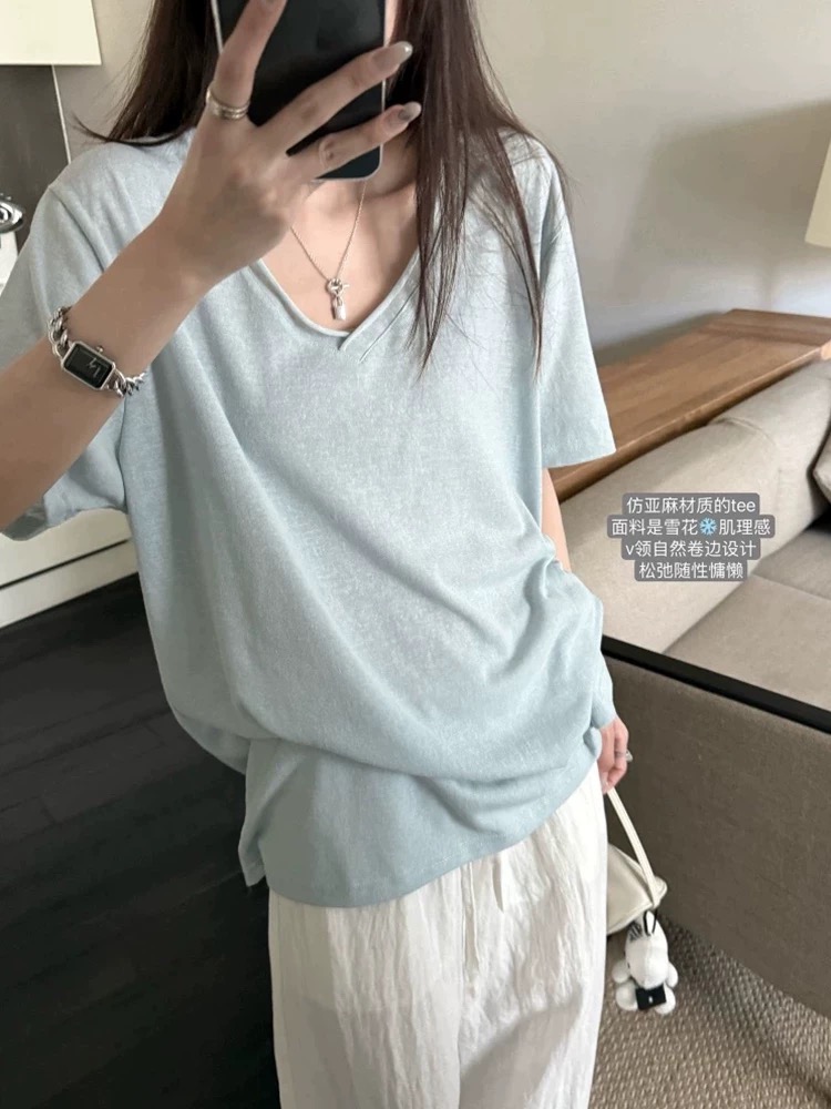 파란색 V넥 반팔 눈꽃 면 티셔츠 여성 여름 경량 루즈핏 느긋한 바람 느슨함 센스 다용도 반소매 맨위