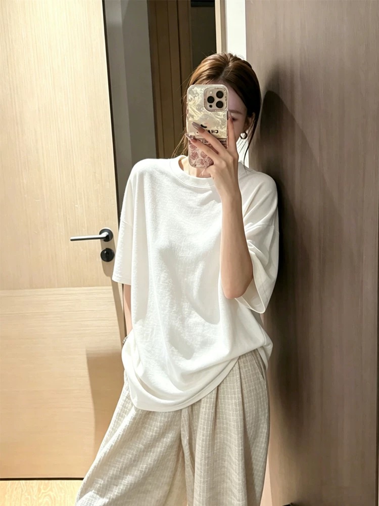 느긋한 바람 화이트 라운드 넥 가을 어깨 반팔 티셔츠 여성 여름 새로운 루즈핏 슬림해 보이는 캐주얼 반소매 동정 맨위