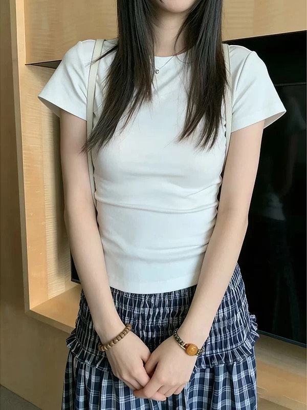 화이트 긍정적 인 어깨 반팔 티셔츠 여성 2026 여름 새로운 몸매 가꾸기 슬림해 보이는 허리 수축 아름다운 자이언트 잘 생긴 ~ 중 작은 맨위