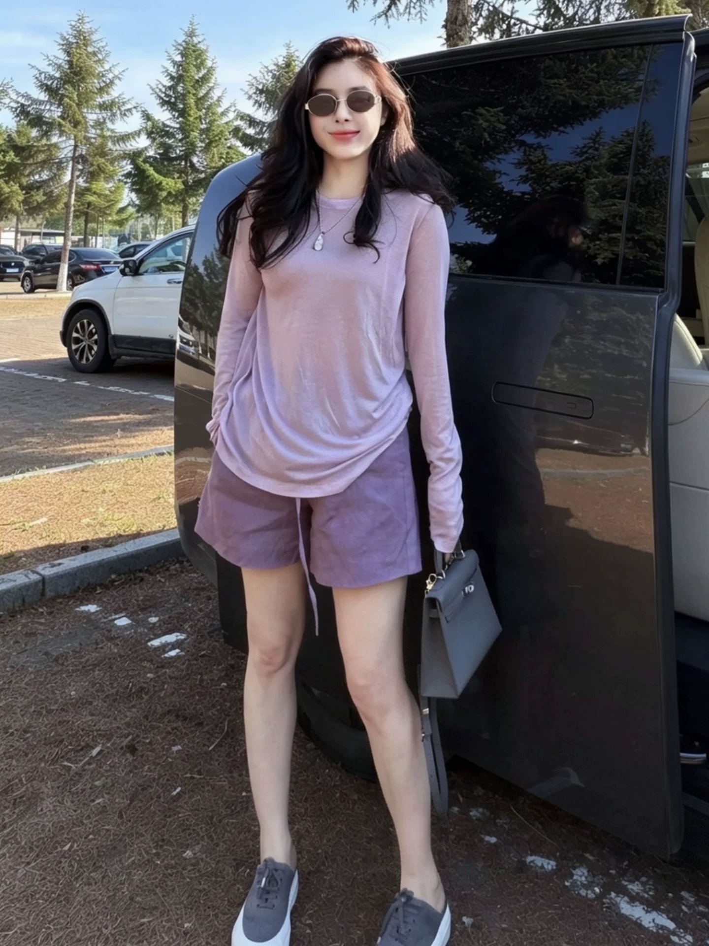 한 부서 전체 집합 ootd 착용 가져 가라. 느긋한 느슨함 센스 보라색 긴팔 자외선 차단 티셔츠 아마 반바지 세트 여성 여름