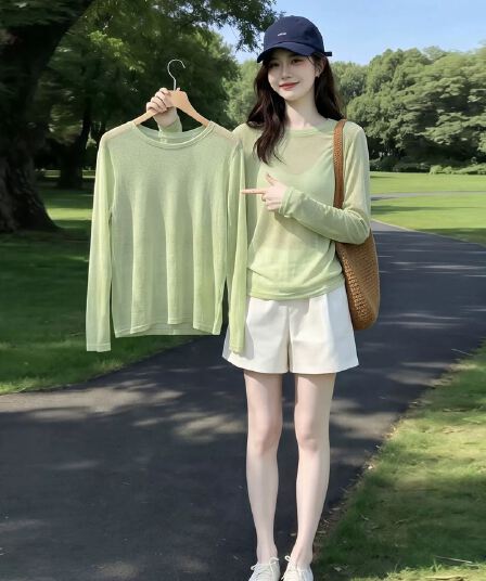 도파민 녹색 긴팔 티셔츠 여성 여름 얇은 스타일 루즈핏 슬림해 보이는 외부 가져 가라. 얼음 실크 자외선 차단 에어컨 블라우스 맨위