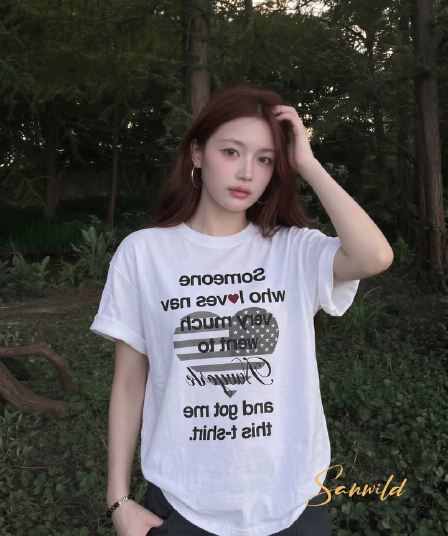 아메리칸 여름 캐주얼 바람 알파벳 프린트 반팔 티셔츠 여성 라운드 넥 화이트 루즈핏 맨위