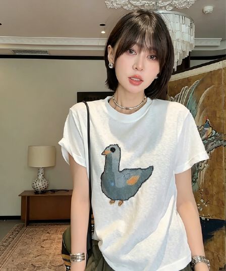 한 부서 만화 비둘기 프린트 화이트 눈꽃 면 반팔 여성 여름 얇은 스타일 차가운 센스 마이크로 ~을 통해 루즈핏 티셔츠 맨위