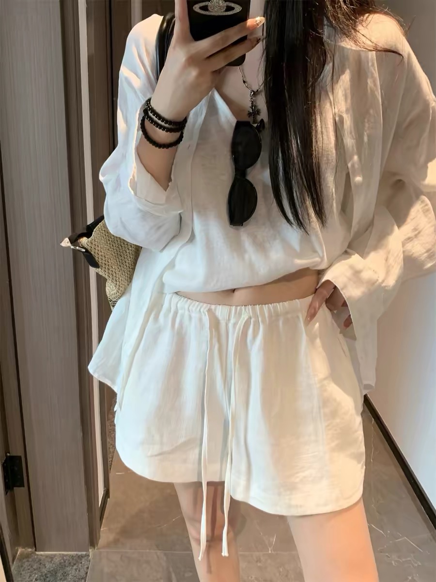 화이트 라미 면 린넨 반바지 여성 외출용 여름 허리밴드 한 마디 캐주얼 와이드 레그 팬츠 오래된 돈 바람 아마 바지