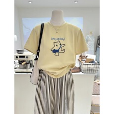 批发春夏新款韩系卡通小猫刺绣宽松减龄显瘦短袖打底衫T恤女上衣内搭