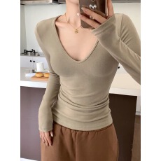 批发深V低领长袖T恤女内搭春秋薄款<b class='q'>修身</b>打底衫大领口体恤上衣秋冬
