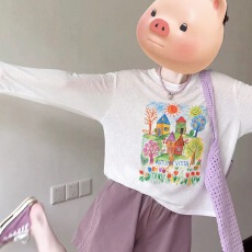 批发白色印花正肩<b class='q'>防晒</b>长袖T恤女夏季设计感宽松薄款空调罩衫面膜上衣