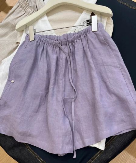 보라색 허리밴드 면 린넨 한 마디 넓은 다리가 짧다. 바지 여성 여름 얇은 스타일 루즈핏 슬림해 보이는 캐주얼 오부 바지