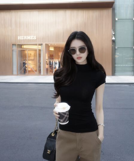 봄 새로운 좋은 인물 몸매 가꾸기 품격 터틀넥 반팔 티셔츠 기본 셔츠 여성