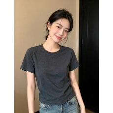 批发灰色圆领正肩短袖t恤女2026夏季修身显瘦简约短款内搭打底衫<b class='q'>上衣</b>