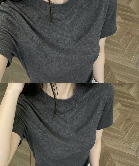 고급 센스 회색 라운드 넥 긍정적 인 어깨 반팔 티셔츠 여성 여름 오래된 돈 바람 기초 섹션 고급 사소한 만나는 맨위